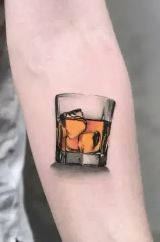 Bourbon Glass Tattoo, Bourbon Tattoo Ideas, Whisky Tattoo Ideas, Old Fashioned Drink Tattoo, Tennessee Whiskey Tattoo, Rocks Glass Tattoo, Jameson Tattoo, Whisky Glass Tattoo, Whiskey Tattoo Ideas