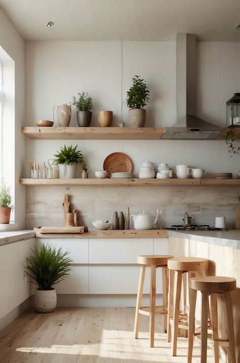 Japandi White Kitchen, Scandi Kitchens, Kitchen Natural Wood, Kitchen Without Upper Cabinets, White Kitchen Modern, Kitchen Island Furniture, Scandi Interior Design, Kitchen Restoration, Kitchen Natural