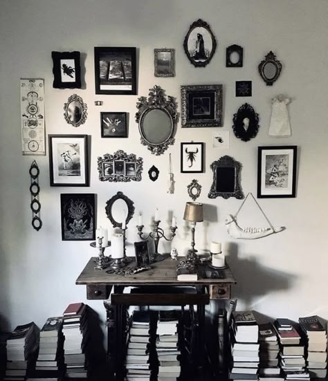 Gothic Decor White Walls, Black Theme House Decor, Goth Decor White Walls, Black And White Maximalist Bedroom, White Goth Room Aesthetic, Gothic Entryway Decor, Gothic Wall Decor Ideas, Gothic Shelving, Goth Gallery Wall