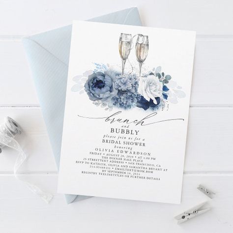 Dusty Blue Elegant Brunch and Bubbly Bridal Shower for $2.92 - Bridal Shower Invitations Bridal Shower Blue And White, Dusty Blue Bridal Shower Ideas, Bridal Shower Dusty Blue, Something Blue Bridal Shower Ideas, Blue Bridal Shower Ideas, Champaign Glasses, Elegant Brunch, Country Spring, Brunch And Bubbly