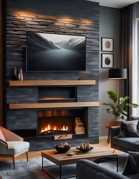 TV Wall with Integrated Fireplace Tv On Stone Wall, Linear Fireplace Tv Wall, Marble Fireplace Wall With Tv, Brick Fireplace Tv Wall, Tv Electric Fireplace Wall Ideas, Modern Fireplace Wall With Tv, Built Out Fireplace Wall, Tv And Fire Wall Ideas Living Room, Wall Art Over Fireplace