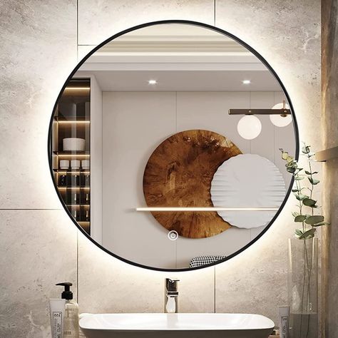 Mirror Not Centered Over Sink, Bathroom Mirror Backlit, Mirror In Bathroom Ideas, Black Double Vanity, Modern Bathroom Mirror Ideas, Backlight Mirror, Back Lit Mirror, Mirrors With Lights, Bathroom Mirror With Lights