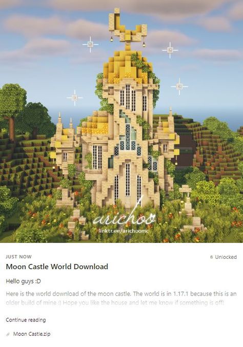 Hi guys! :) The world download of the moon castle is now available on my Patreon. If you are interested in this building and in supporting me click on the picture. Love you all & have a great day/night! 🥰 #cottagecoreminecraft #cottagecore #cottage #minecraftcottage #minecraftaesthetic #aesthetic #aestheticminecraft #minecraft #mizunos16craft #patreon #fairy #fairycore #pixie #magic #support #contentcreator #moon #mooncastle #stars #starsandmoon Minecraft Build House, Village In Minecraft, Minecraft Castle Blueprints, Moon Castle, Cottage Minecraft, Minecraft City Buildings, Minecraft Houses Survival, Minecraft Mansion, Picture Love