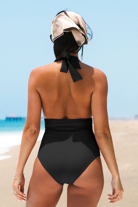 Put on this classic one piece swimsuit and dive in! Feminine ruching gives this swimsuit a flattering fit, while the plunging neckline and backless design add to the glamour of this swimsuit. Wear it with stylish flip-flops or with matching accessories. Product Code: ASL0103AA   Features:     Halter   Paneling   Ruching   Removable soft cups   Classic-standard bum coverage   Classic-standard leg   Medium support   Pattern: Solid, Black   Regular wash   Materials: 80% Nylon, 20% Spandex   Lining: Stylish Flip Flops, Backless Swimwear, Green One Piece Swimsuit, Green One Piece, Cupshe Swimsuits, Halter One Piece Swimsuit, Swimwear Beach, Black One Piece Swimsuit, Neckline Designs