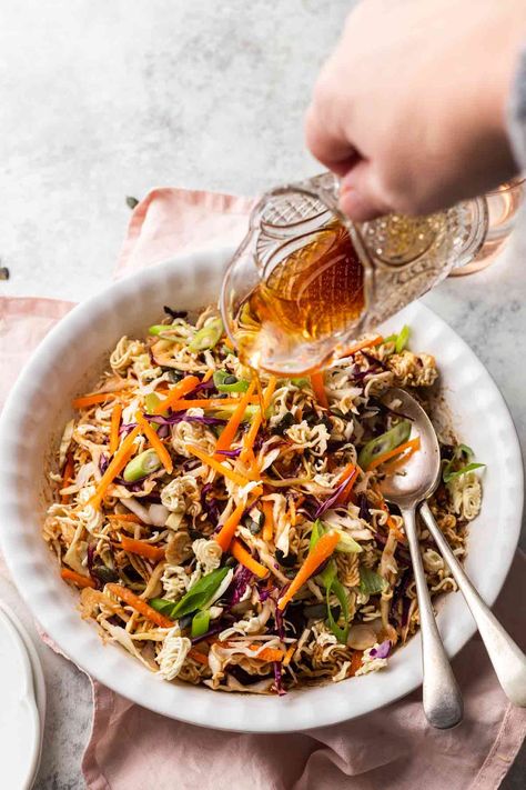 Ramen Noodle Salad - Mighty Mrs | Super Easy Recipes Japanese Salad With Ramen Noodles, Raman Salad Recipes, Asian Salad With Ramen Noodles, Raman Salad, Recipes To Take To Work, Ramen Noodle Slaw, Rice Noodle Dishes, Ramen Cabbage Salad, Asian Ramen Salad