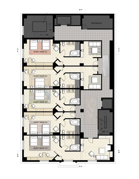 Hospitality Design | Sara Audrey Small | Archinect Small Hotel Ideas, Render Plan, Hospitality Design Hotel, Commercial Building Plans, Hotel Room Plan, Small Hotel Room, Mini Hotel, Boutique Hotel Room, Hotel Design Architecture