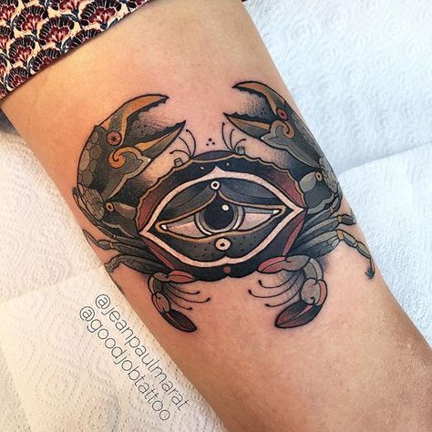 WEBSTA @jeanpaulmarat Crab . Done with @worldfamousink Egyptian Eye Tattoos, Crab Tattoo, Hip Tattoos, Worlds Best Tattoos, Anchor Tattoos, Zodiac Tattoos, Traditional Tattoo Design, Bear Tattoo, Zodiac Tattoo