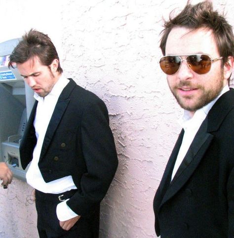 Behind the scenes photo of Rob McElhenney & Charlie Day (in sunglasses) at ATM, Dennis & Dee Go On Welfare Charlie Kelly, Charlie Day, Always Sunny In Philadelphia, Horrible People, It's Always Sunny In Philadelphia, Always Sunny, Sunny In Philadelphia, It's Always Sunny, People Watching