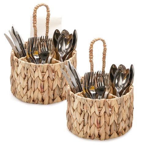 PRICES MAY VARY. EASY TO USE - The overall size of Hiceeden silverware caddy is 7.8"*7.8"*11.2". The size of the handle is 6.1"*2.3". It is easy to clean with a damp cloth or sponge. It is versatile and can be used in a variety of settings, such as in the kitchen, on the dining table, or even at outdoor picnics. NATURAL MATERIAL - This utensil caddy is made from natural water gourd that's been woven into a beautiful and durable structure. The material is non-toxic, sustainable, making it an envi Wedding Utensil Holder, Silverware Display For Party Buffet, Silverware Display, Bamboo Silverware, Party Utensils, Cutlery Caddy, Silverware Caddy, Silverware Organization, Flatware Organizer