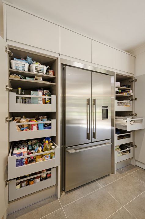 Kitchen Cabinet Organization Ideas Layout Interior Design, Pantry With Fridge And Freezer, Space Tower Kitchen, Diy Milk Crate Ideas, Kitchen Wallpaper Ideas, Milk Crate Ideas, Kitchen Tower, Pantry Decor, Crate Ideas