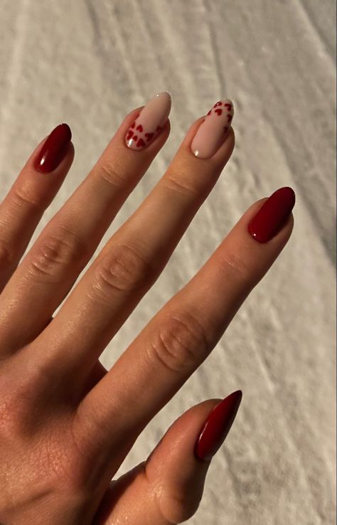 Cherry Red Valentines Nails, Natural Red Nails Design, Red Nails Inspo Short Almond, Wine Nails Acrylic Art Designs, Dark Red Nails With Heart Design, Cherry Wine Red Nails, Burgundy Nails With Heart Design, Dark Red Manicure Design, Dark Red Nails Valentines