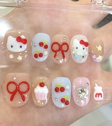 Nail Party, Hello Kitty Nails Art, Hello Nails, Cute Nail Art Designs, Cherry Cake, Hello Kitty Nails, Blush Nails, Pretty Gel Nails, Really Cute Nails