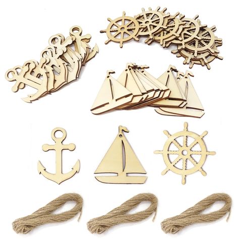 PRICES MAY VARY. Package includes: 36PCS Nautical Themed Unfinished Wood Cutouts(12pcs Sailboat + 12pcs Rudder + 12pcsAnchor), 3pcs hemp rope Blank surface, allows you to give a full play of imagination and DIY them as you like. You can dye them with paint, watercolor pens, and embellish them with beads, shells and ribbons to create unique and delicate crafts. You can easily hang these wood slices anywhere you want as decorations (such as home, school, office, camping tents, ocean theme party, w Nautical Baby Shower Decorations, Wooden Anchor, Wood Anchor, Ocean Theme Party, Nautical Themed Party, Mermaid Crafts, Wood Boats, Wooden Cutouts, Ocean Decor