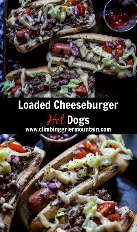 Loaded Cheeseburger Hot Dogs Loaded Hot Dogs, Ninja Grill, Cheddar Cheese Sauce, August Baby, Grill Time, Football Party Food, Hot Dog Recipes, Holiday Eating, Bowl Food