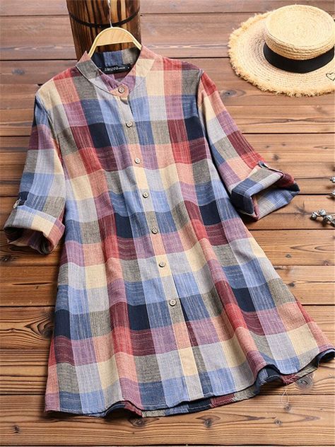 c5cc17e395d3049b03e0f1ccebb02b4ddesc51089079ri Tunik Linen, Button Blouse, Casual Long Sleeve Shirts, Green Material, Long Sleeve Plaid, Roll Up Sleeves, V Neck Blouse, Plaid Print, Casual Blouse