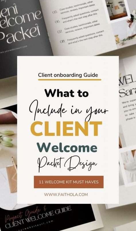 Ultimate Guide -11 Vital Details to Include in Your Client Welcome Packets https://faithola.com/client-welcome-packets-details/ Onboarding Client Welcome Packet, Welcome Package For New Clients, Welcome Package Ideas, Welcome Packets For New Clients, New Client Welcome Packet, Client Welcome Packet, Welcome Package, Client Onboarding, Canva Business