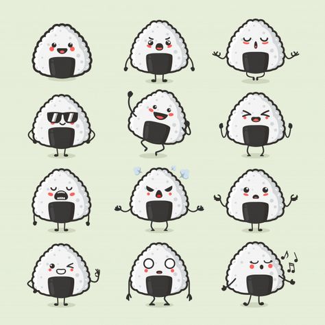 Premium Vector | Set of cute japanese food onigiri character in different action emotion Skateboard Reference, Onigiri Design, Cute Onigiri, Cute Japanese Food, Cartoon Character Outfits, Emote Ideas, Sushi Cartoon, Food Character, Food Characters