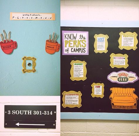 Know the Perks of Campus Bulletin Board & Door Decs (Friends theme) Reslife Programs, Friends Bulletin Board, Ra Floor Themes, Ra College, Resident Assistant Bulletin Boards, Time Management College Student, Ra Board Ideas, Dorm Themes, Dorm Door Decorations