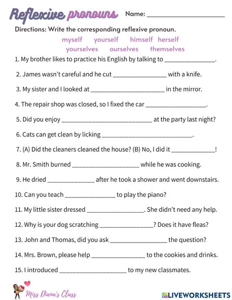 Reflexive Pronouns Worksheet, Past Tense Worksheet, English Lesson Plans, Past Tense, Online Activities, Grammar Worksheets, School Subjects, Online Workouts, Google Classroom