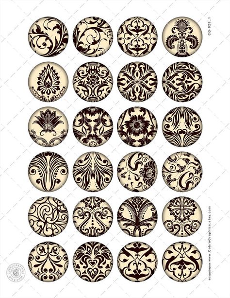 Damask Ornaments Printable Downloads Digital by CobraGraphics Resin Pendant Tutorial, Damask Patterns, Printable Downloads, Image Collage, Mini Bottle, Pendant Tutorial, Making Glass, Bottle Cap Images, Wood Burning Art