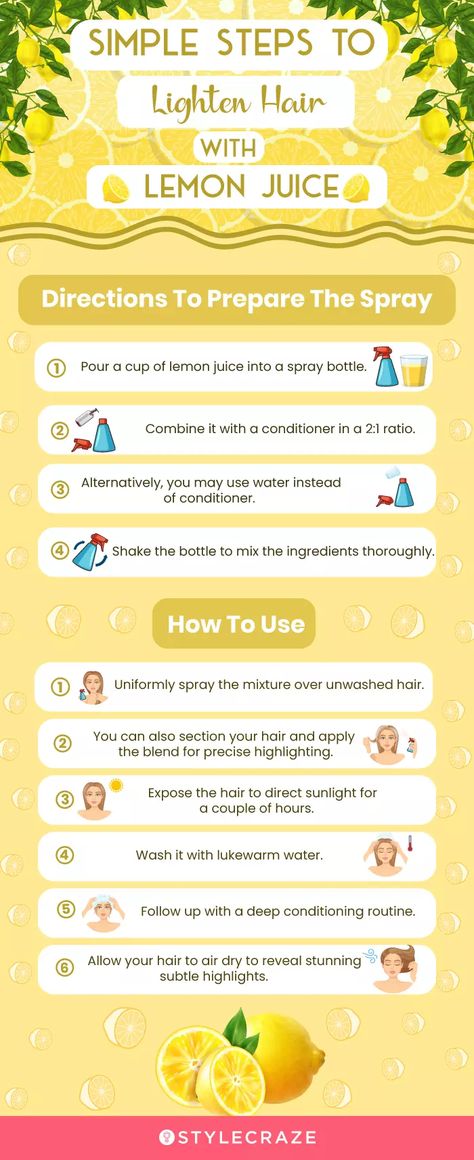 Lemon Juice Highlights, Lemon Juice For Hair, Hair Lightener Diy, Lemon Hair Lightening, Lemon Highlights, Lemon Juice Hair, Hair Lightening Spray, Juice For Hair, Lighten Hair Naturally