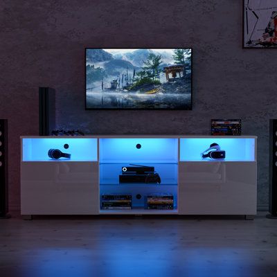 Tv Area In Bedroom, Gaming Tv Setup, Tv Stand Modern, 65 Inch Tv, Tv Stand With Led Lights, Led Tv Stand, Modern Entertainment Center, Tv Size, Home Theater Rooms