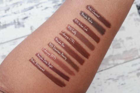 Nyx Lip Liner Swatches, Brown Liquid Lipstick, Nyx Lip Liner, Nyx Lip Lingerie, Mac Lipstick Swatches, Drugstore Lips, Lip Liner Colors, Brown Liner, Lipstick For Fair Skin