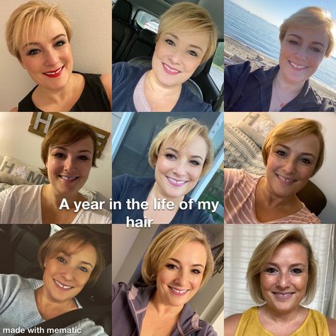 A year of growing out a pixie Growing Out A Pixie Hairstyles, Pixie Grow Out Stages, Growing A Pixie Into A Bob, Layered Bob With Side Bangs, Bob With Side Bangs, Growing Out A Pixie, Growing Out Pixie Cut, Stacked Haircut, Short Layered Bob