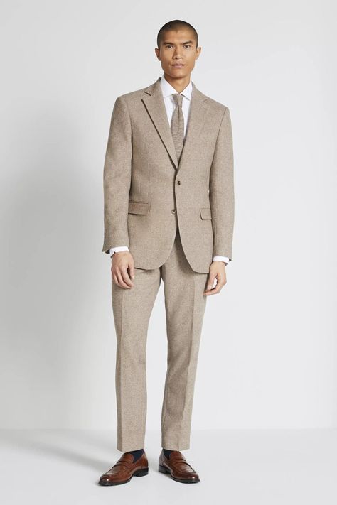 Groom wearing a tailored fit stone coloured rustic wedding suit Taupe Suit Men, Taupe Suits Wedding Men, Rustic Wedding Suit, Khaki Suits, Cocktail Attire Men, Dress Jackets, Suit Jacket Dress, Wedding Of The Year, Formal Mens Fashion