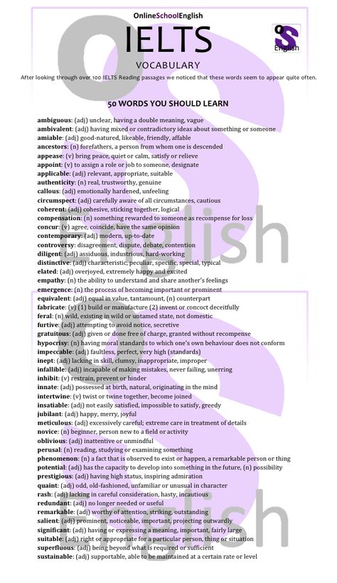 Top 50 IELTS words Ielts Writing, Essay Writing Skills, Conversational English, English Vocab, Good Vocabulary Words, English Language Teaching, English Writing Skills, English Idioms, Grammar And Vocabulary