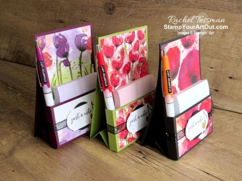 Click here to see how to make an easy vertical, easel-style sticky note pad and pen holder using one sheet of 8-1/2” x 11” cardstock, strong adhesive, Peaceful Poppies Designer Paper, and images from the Music From the Heart Stamp Set. You’ll also be able to access measurements and a link to a how-to video, see other close-up photos, and get links to all the products I used. - Stampin’ Up!® - Stamp Your Art Out! www.stampyourartout.com #stampyourartout #stampinup Note Pad Holder, Post It Note Holders, Note Pad Covers, Note Holders, Heart Stamp, Designer Paper, Craft Show Ideas, 3d Paper Crafts, Beautiful Paper