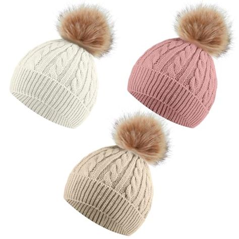 Kids Knitted Woolen Hat 3 Pieces Winter Warm Pom Pom Beanie Cap Knit Hat with Detachable Pom for 1-3 Years Old Girls Boys (Khaki, Dark Pink, White) Woolen Hat, Beanie Cap, Pom Beanie, Knit Hat, Dark Pink, Pink White, Pom Pom, Hats