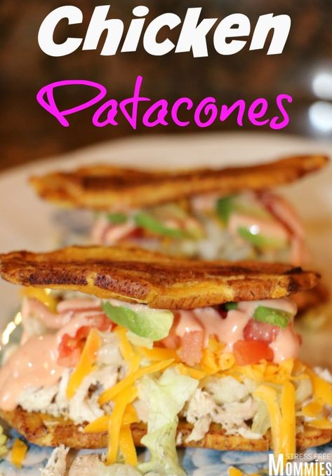 Chicken Patacones - "Patacones (fried green plantains) stuffed with shredded chicken, lettuce, tomatoes, avocados and cheese" - This recipe says to fry, but not deep fry, the plantains.) Bahama Breeze Chicken Tostones, Patacones Recipe, Latino Dishes, Dominican Dishes, Gluten Free Worcestershire Sauce, Cultural Dishes, Green Plantains, Latin Dishes, Pink Sauce