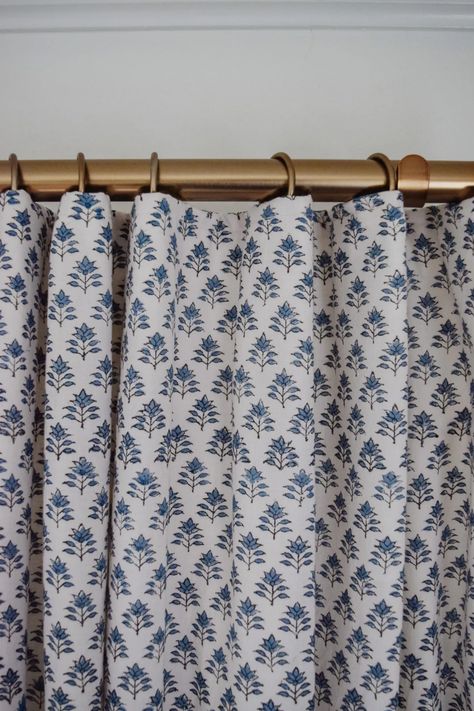 DIY Block Print Drapery Diy Block Printed Curtains, Blue Block Print Wallpaper, Block Print Drapes, Block Print Curtains Bedroom, Patterned Living Room Curtains, Block Print Quilt Bedroom, Block Printed Curtains, Diy Block Print Curtains, Block Print Diy