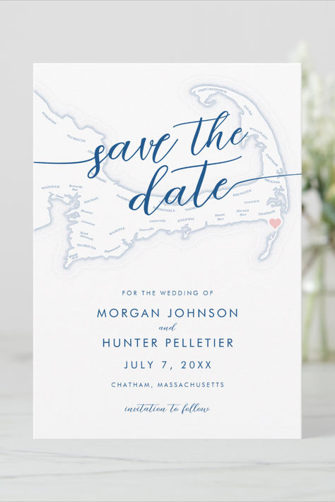 Elegantly announce your Chatham, MA wedding with our navy blue Cape Cod map Save the Date. Perfect for iconic wedding venues like Chatham Bars Inn and the Captain's House Inn, this design blends coastal charm with tradition. Ensure your guests save the date in style with this nautical masterpiece. Order now for a touch of sophistication on your special day. Wychmere Beach Club, Chatham Bars Inn, Cape Cod Map, Blue Cape, Iconic Weddings, Cape Cod Wedding, Minimal Modern, Free Birthday Invitation Templates, Resort Wedding