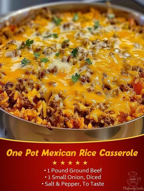 Family Cookbook | One Pot Mexican Rice Casserole | Facebook One Pot Mexican Rice Casserole Chicken, One Pan Mexican Rice Casserole, Rice A Roni Mexican Rice Casserole, Taco Casserole With Rice, One Pot Mexican Rice Casserole, One Pot Mexican Rice, One Pot Mexican, Mexican Rice Casserole, Rice Dishes Recipes