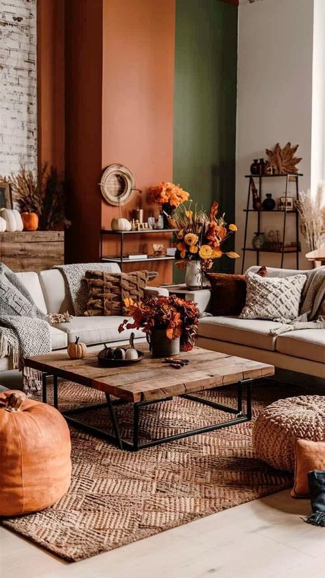 Plum Living Room Ideas, Autumn Decor Ideas, Warm Inviting Home, Autumn Living Room, Fall Decor Inspiration, Fall Decor Ideas, Stylish Living Room, Blue Living Room, Cozy Autumn