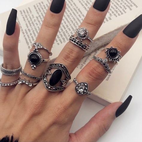 Gothic Ring Set, Goth Rings Aesthetic, Black Jewelry Aesthetic, Edgy Rings Aesthetic, Black And Silver Rings, Alt Rings, Feminine Rings, Witchy Rings, Emo Rings