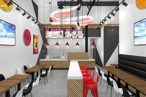 Red and black colors plus a few sharp angles modernize San Diego bubble tea shop interior design and bring in a new, sophisticated clientele. Boba Tea Shop Interior Design, Tea Shop Interior Design, Tea Shop Interior, Boba Tea Shop, Tea Store Design, Bubble Tea Shop, White Cafe, Ceiling Design Modern, Kung Fu Tea