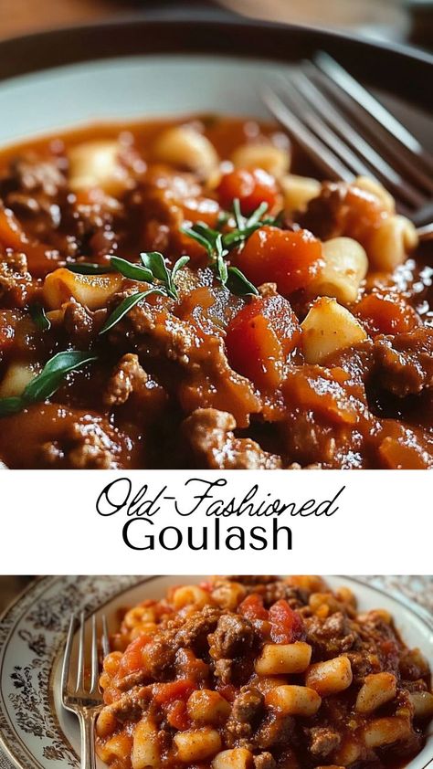 Bring the flavors of nostalgia to your dinner table with this old-fashioned goulash. This one-pot dish is packed with tender macaroni, seasoned ground beef, and a rich tomato sauce, making it a comforting and economical meal for the whole family. Pair it with a dollop of sour cream or a sprinkle of cheddar for an extra indulgent touch. Ground Beef Goulash, Beef Noodle Casserole, Easy Goulash Recipes, Old Fashioned Goulash, Hungarian Goulash, Bobby Flay Recipes, Cozy Dinners, Goulash Recipe, Beef Goulash