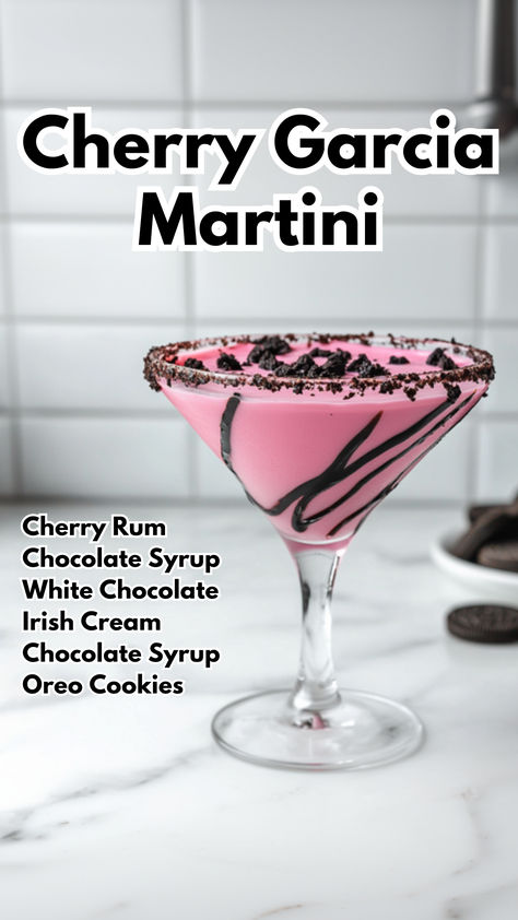 Cherry Garcia Martini Milky Way Martini, Chocolate Cherry Cocktail, Cherrytini Cocktail, London Fog Martini, Creamy Alcoholic Drinks Recipes, Dessert Martinis, Cherry Cocktails, Fruity Rum Drinks, Cream Cocktails