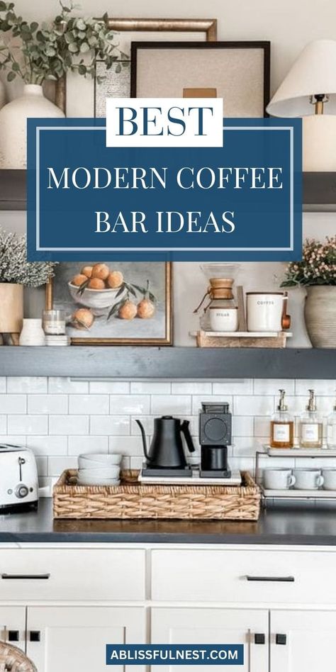 Embrace a stylish aesthetic in your kitchen with these modern coffee bar ideas. Incorporate natural materials like wood and stone, metallic accents for a touch of glam, and open shelving to showcase your favorite mugs and accessories. Let your coffee bar become the focal point of your kitchen. #modernhome #coffeebar #coffeetime Coffee Bar Items Ideas, Coffee Nook Styling, Coffee And Breakfast Bar, Coffee Bar Ideas Airbnb, Coffee Bar Ideas Countertop, Coffee Buffet Ideas, Styling A Coffee Bar, Modern Small Bar Ideas For Home, Minimalist Coffee Bar Ideas