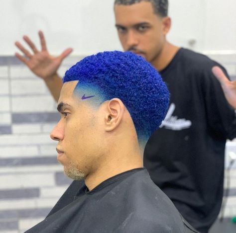 Blue Dyed Hair Men, Blue Tinted Hair, Blue Black Hair Dye, Taper Fade Short Hair, Blue Wigs, Fade Haircut Curly Hair, Hire Style, Hair Lookbook, Short Hair For Boys