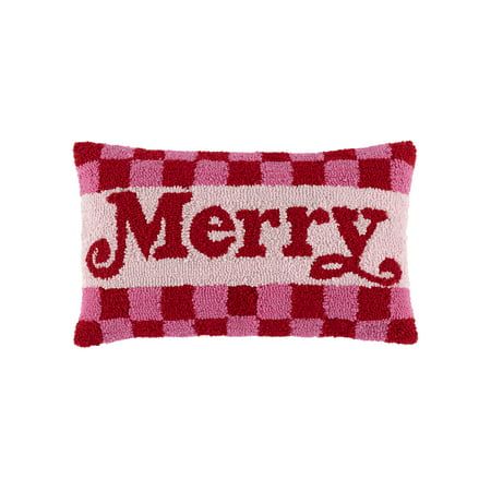 Add a festive touch to your home decor with this charming pillow from Shiraleah. The "Merry" pillow features the text "Merry" in bold red letters and a pink background and checkered boarder making it a fun and playful addition to your holiday decor . This pillow measures 20 long and 12 wide making it the perfect size to cuddle up to. Made from cotton and filled with a removable polyfill insert, this pillow is the perfect addition to your winter dcor. Winter Holiday Decorations, Fluffy Cushions, Hooked Pillow, Blue Couches, Pink Pillows, Jingle All The Way, Pink And Red, Christmas Pillow, Pink Christmas