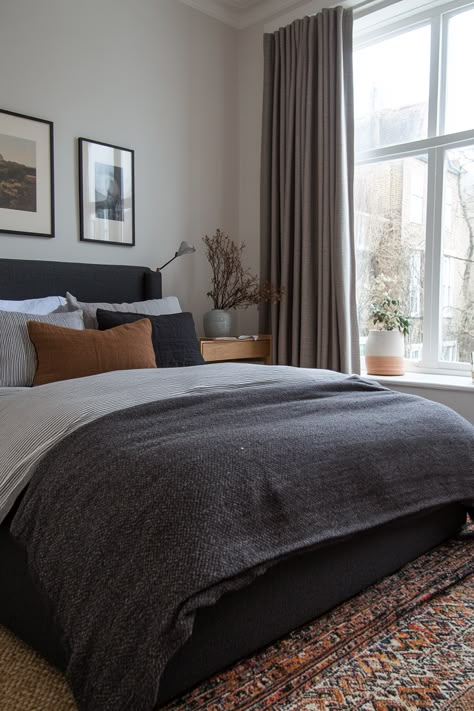 Bed With Gray Sheets, Dark Grey Fabric Headboard Bedroom Ideas, Grey Vintage Bedroom, Charcoal Bed Frame Color Schemes, Bedding With Dark Grey Headboard, Charcoal Gray Bedroom Ideas, Grey Bed Styling Ideas, Dark Bed Bedroom Ideas, Charcoal Gray Bedding