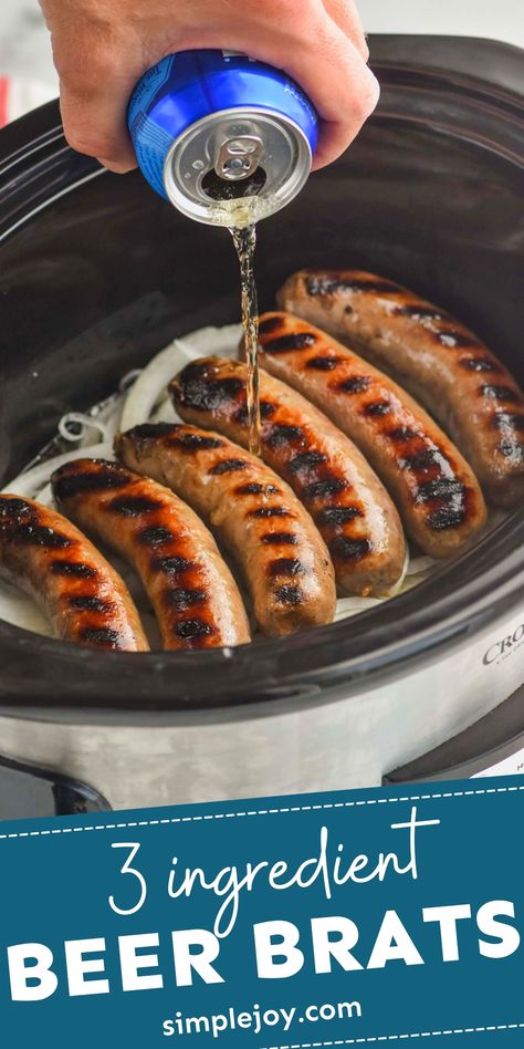 Brats In Crockpot, Beer Brats Recipe, Brats Recipes, Bratwurst Recipes, Beer Brats, Three Ingredient Recipes, Beef Dinners, Food Contest, Super Easy Recipes