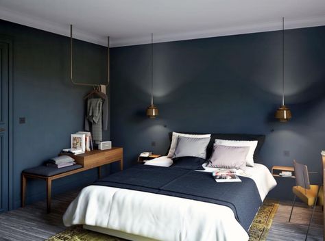 Navy and gold Hotel Room Design, Bedroom Hotel, Hotel Style, Hotel Interior, Blue Bedroom, Master Bedrooms Decor, Blue Walls, Cheap Home Decor, Living Room Interior