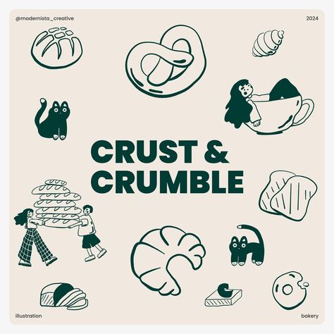 Brand illustrations for bakery “Crust&Crumble”. The illustrations will be an excellent addition to the company’s corporate identity. It can be used for packaging and printed media, design for social networks and merch. #illustration_art #brandillustration #designillustrations #brandidentitydesigner #artillustration #designstudios #designteam #branddesignstudio #marketingstudio #buisnessowner #studiodesign #artforbusiness #bakerydesign #bakeryillustration #highqualitydesign #dreamdesign #artd... Cute Bakery Illustration, Coffee Identity Design, Art Print Packaging, Bakery Packaging Ideas, Bakery Graphic Design, Bakery Merch, Bakery Cafe Logo, Bakery Branding Logo, Bakery Logo Inspiration