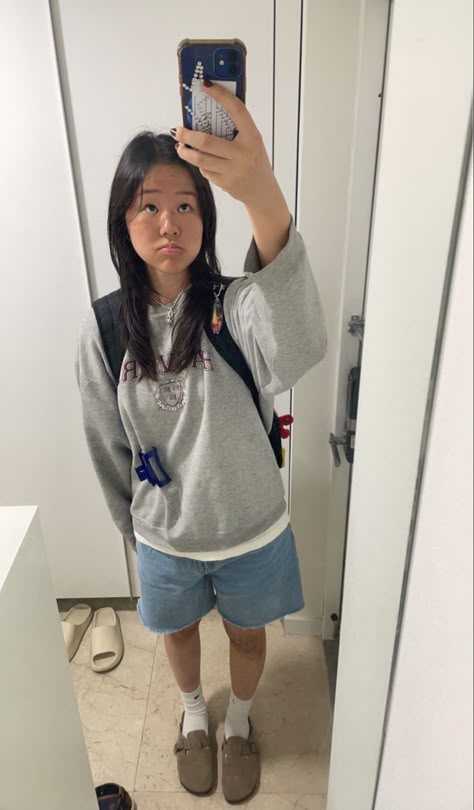 jorts, layering, fit pic, mirror pic, sweater, sweatshirt, grey sweatshirt Sweatshirt And Jorts Outfit, Jean Shorts Sweatshirt Outfit, Shorts And A Sweatshirt Outfit, Gray Crew Neck Sweatshirt Outfit, Crew Neck And Shorts Outfit, Shorts And Crew Neck Outfit, Long Sweatshorts Outfit, Sweater And Jorts Outfit, Sweater With Jorts