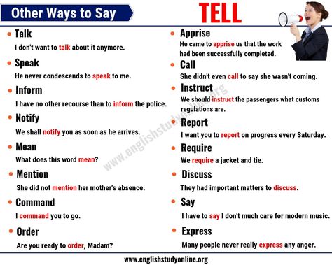 tell synonym Tell Synonyms, Talk Synonyms, Teaching Esl, Other Ways To Say, Descriptive Words, Word Choice, Bond Girls, School Tips, Esl Teaching